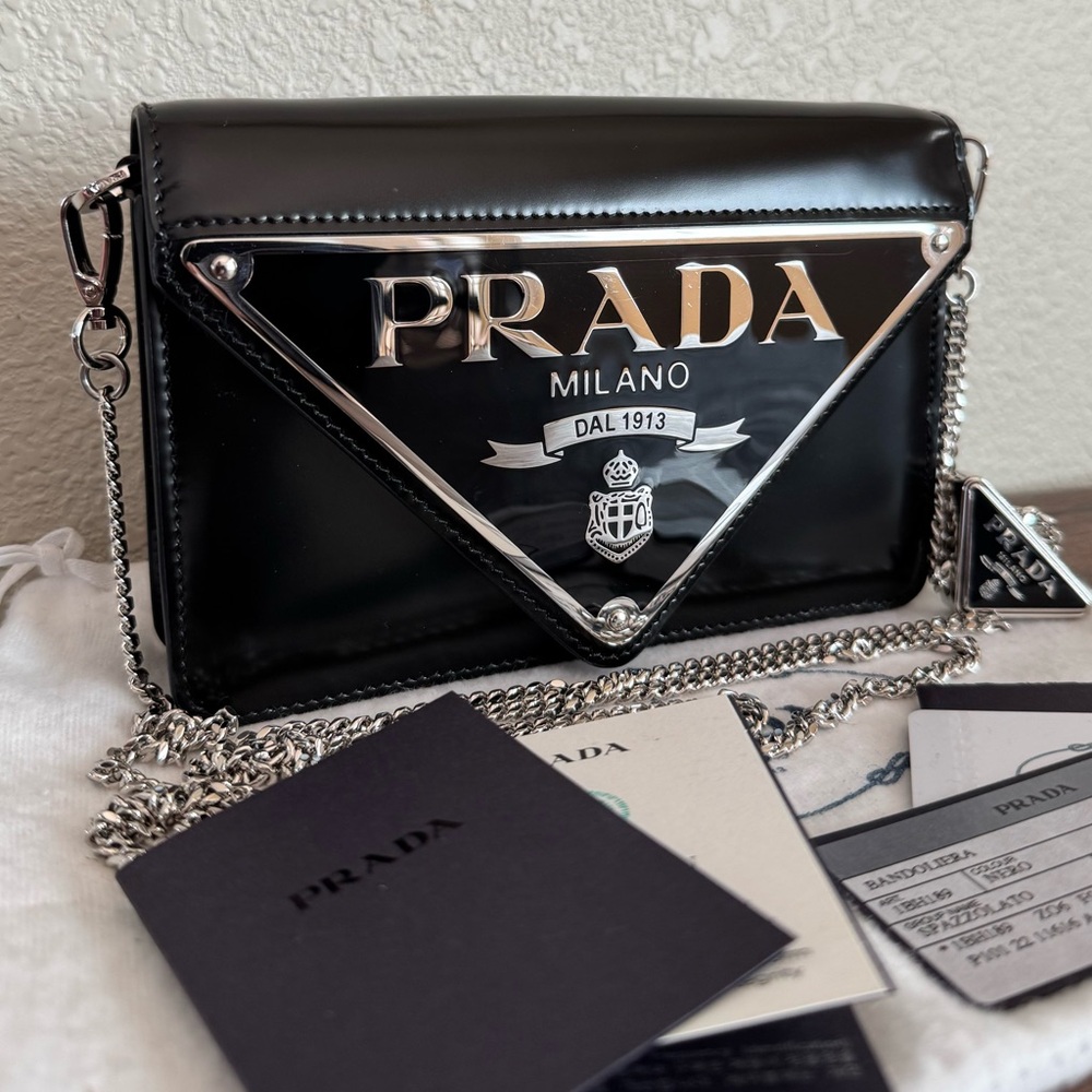 PRADA Maxi Triangle Chain Flap Bag in Black Calf Leather